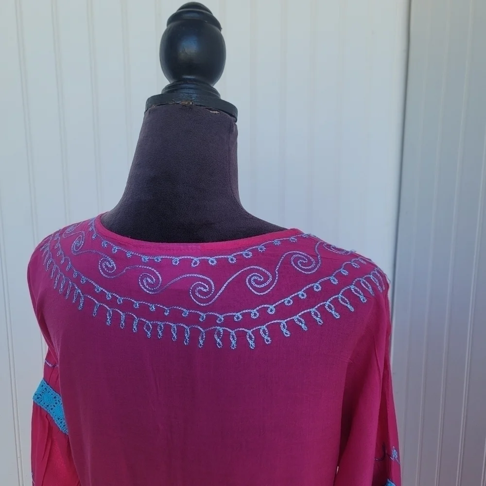 Blue Island Beach Hot Pink Blue Dress Swim Cover Up Tassel Pom Crochet Sz M